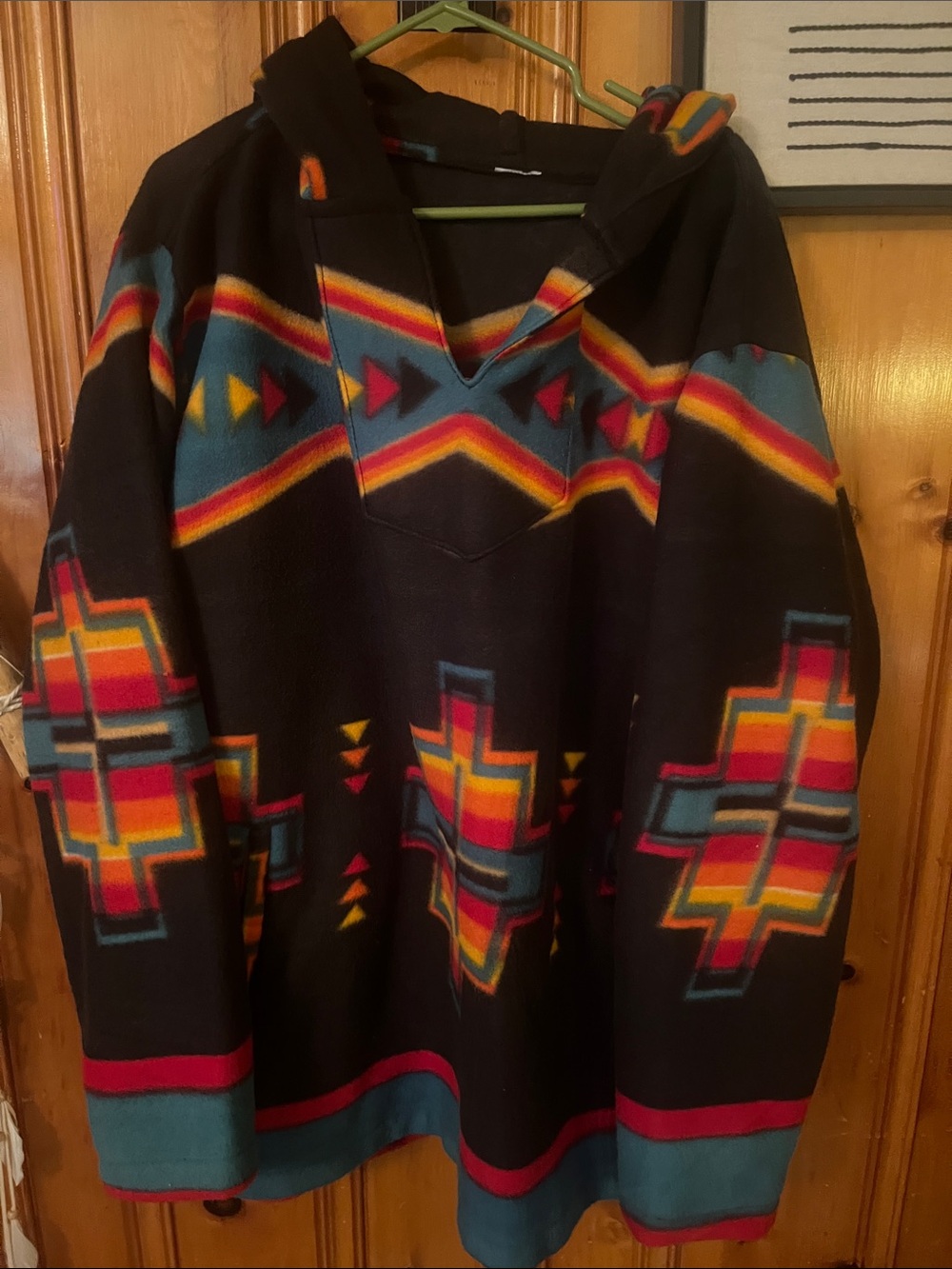 Black Hooded Aztec Poncho with Multicolor Tribal Pattern